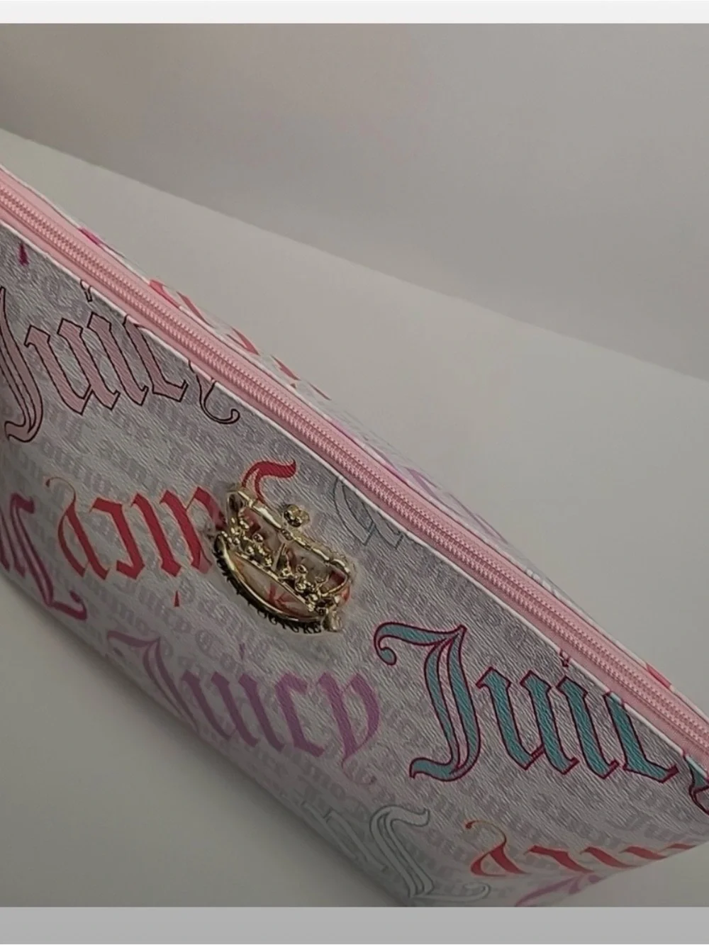 NWT Juicy Couture Pastel Script Cosmetic Pouch with Gold Crown Accent